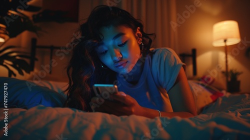 A young woman with dark hair wearing a white top lying in bed with a blue light illuminating her face as she looks at her phone.