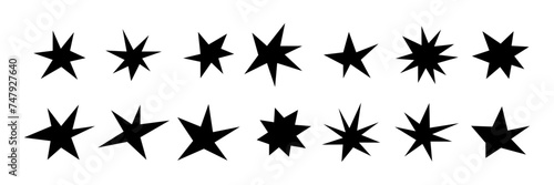 Different stars and sparkles. Hand drawn, doodle abstract elements isolated on a white background. Black modern trendy shapes. Vector illustration