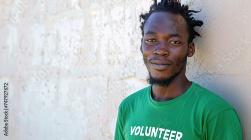 Young man with dreadlocks wearing a green volunteer t-shirt leaning against a textured wall.