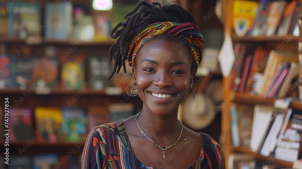 Smiling woman with colorful headwrap and earrings standing in front of bookshelves filled with books.