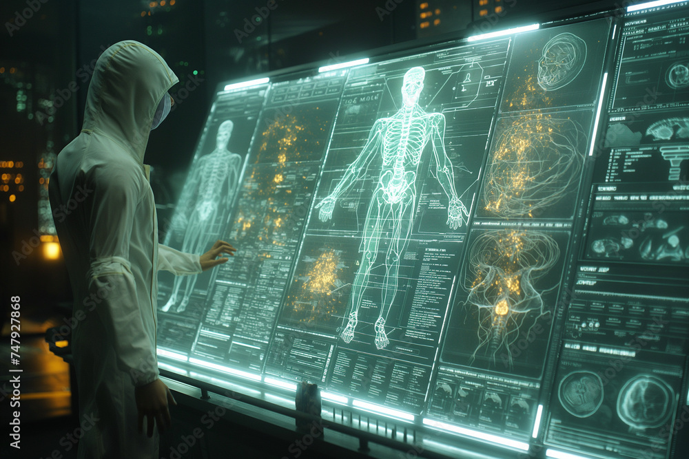 Scientist is analysing a human body on big computer. Digital era. Future technology concept. Selective focus. Copy space. Scientist is analysing a human body on big computer. Digital era. Future technology concept. Selective focus. Copy space.