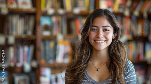 Young woman with long brown hair smiling in front of a bookshelf filled with books. © iuricazac