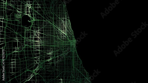 Zoom in road map of Chicago Illinois with green glowing roads on a black background.