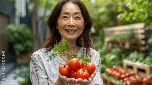Woman with a radiant smile holding a bunch of ripe tomatoes with green leaves attached standing in a lush garden.