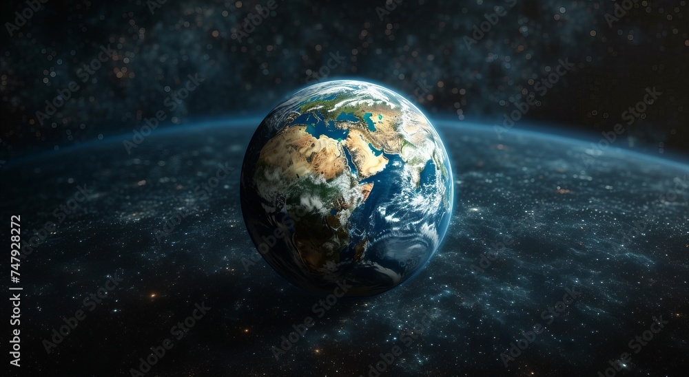 Fototapeta premium Beautiful scene looking down at the Earth from space, blue technological earth against the background of the universe