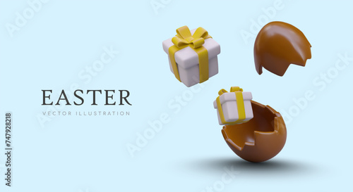 Pleasant surprises for Easter. Broken chocolate egg filled with gift boxes