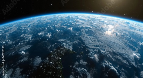 Beautiful scene looking down at the Earth from space, blue technological earth against the background of the universe
