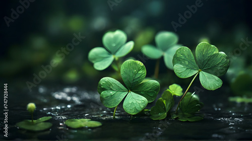 st patrick day background, shamrock leaves in a dark background, generative ai