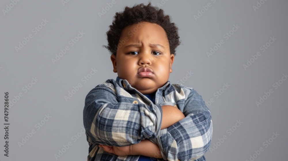 A young child with a frown arms crossed wearing a denim shirt against a gray background. A young child with a frown arms crossed wearing a denim shirt against a gray background.