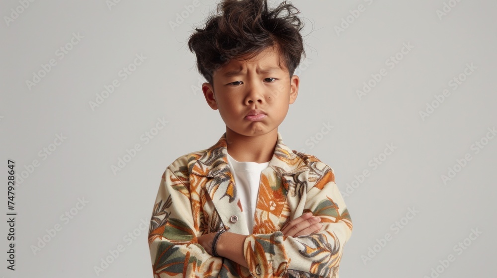 A young boy with a frowning expression wearing a patterned jacket over a white shirt with his arms crossed standing against a plain background. A young boy with a frowning expression wearing a patterned jacket over a white shirt with his arms crossed standing against a plain background.