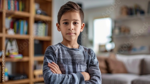 Young boy with arms crossed standing in front of a bookshelf in a cozy living room.