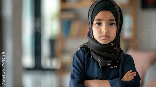 Young girl with a serious expression wearing a hijab and a long-sleeved dress standing in a room with a blurred background possibly a home or library. © iuricazac