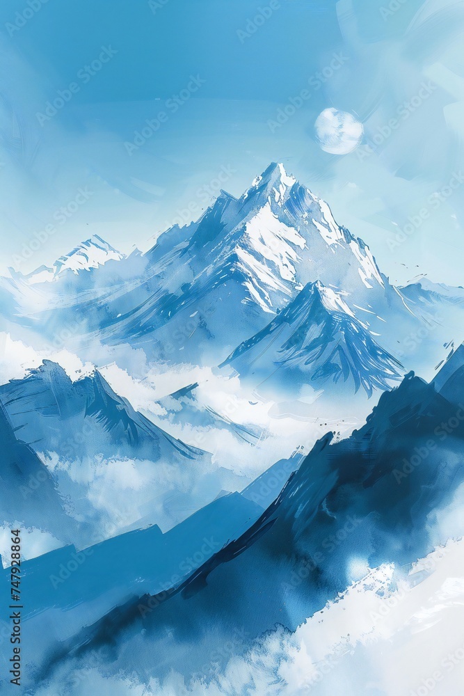 Fototapeta premium Simple gouache style mountain landscape, white and blue sky Generative Ai 
