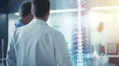 doctors in a white coat stands in front of display x ray to 
 examine it radiology background photo