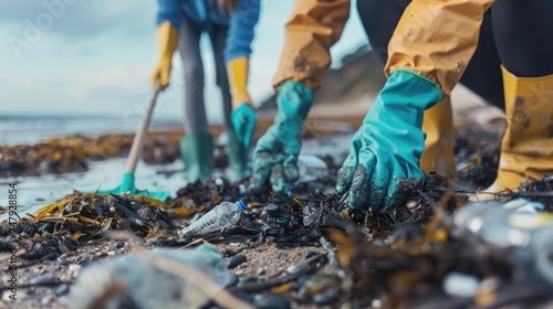 Two people wearing yellow raincoats and blue gloves cleaning a beach covered in seaweed and debris.