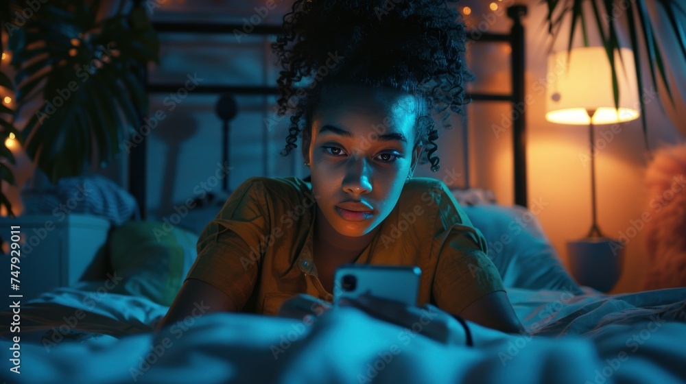 A young woman with curly hair wearing a yellow top lying in bed with a smartphone in her hands illuminated by soft blue and orange lighting creating a cozy and intimate atmosphere. A young woman with curly hair wearing a yellow top lying in bed with a smartphone in her hands illuminated by soft blue and orange lighting creating a cozy and intimate atmosphere.