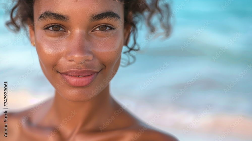 A close-up of a smiling woman with a radiant complexion set against a blurred ocean backdrop exuding a sense of joy and serenity. - obrazy, fototapety, plakaty 
