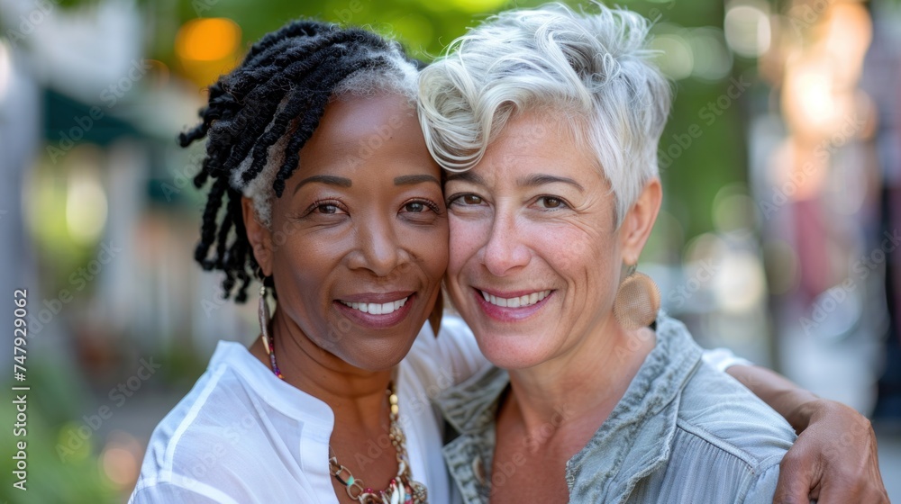 Two smiling women with contrasting hair colors one with black and the other with white hair embracing each other on a street with blurred background. Two smiling women with contrasting hair colors one with black and the other with white hair embracing each other on a street with blurred background.