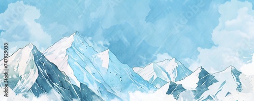Simple gouache style mountain landscape  white and blue sky Generative Ai 