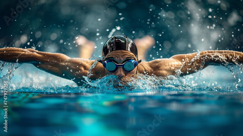 An image capturing the powerful strokes of a swimmer in mid-butterfly stroke © Samvel
