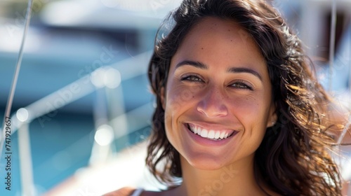Smiling woman with dark hair sunlit skin and a joyful expression standing on a boat with a blurred background of water and boat railing. © iuricazac