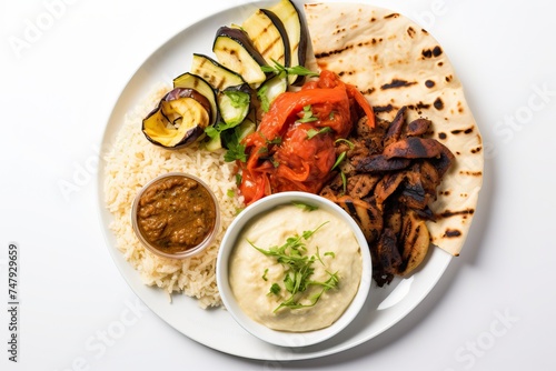 Vegan Plate with Zucchini, Rice, Flatbread, Peppers