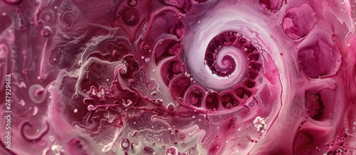 This close-up shows a detailed view of a swirl pattern in pink and white colors, resembling the inner ear cochlea histology stained with hematoxylin and eosin. photo