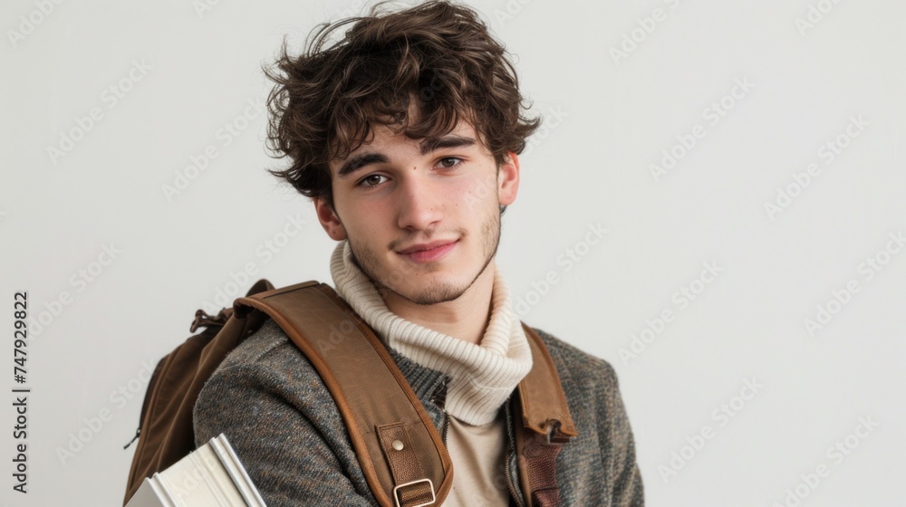 Young man with curly hair wearing a brown backpack and a white turtleneck holding a book smiling at the camera. Young man with curly hair wearing a brown backpack and a white turtleneck holding a book smiling at the camera.