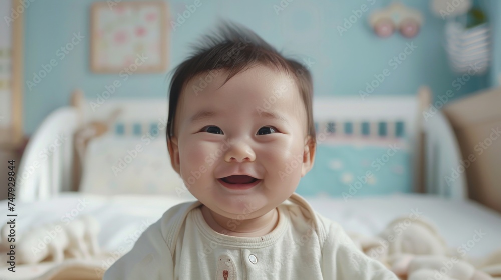 A joyful baby with a big smile sitting on a bed in a cozy room with a blue wall and a white crib. A joyful baby with a big smile sitting on a bed in a cozy room with a blue wall and a white crib.