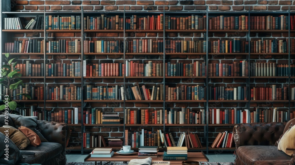 A warm and inviting home library space with a comfortable leather sofa, a well-stocked bookshelf against a brick wall, and a coffee table with books and a cup of coffee. A warm and inviting home library space with a comfortable leather sofa, a well-stocked bookshelf against a brick wall, and a coffee table with books and a cup of coffee.