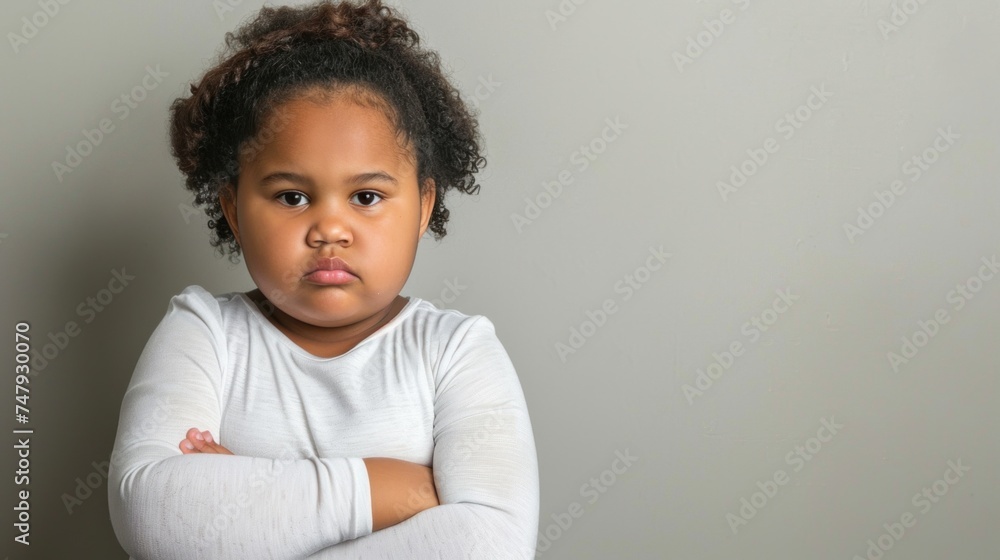 A young child with curly hair wearing a white long-sleeved top standing with arms crossed in front of a plain background. A young child with curly hair wearing a white long-sleeved top standing with arms crossed in front of a plain background.