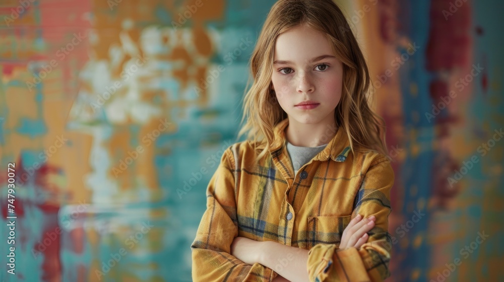 Young girl with long blonde hair wearing a plaid shirt standing in front of a colorful abstract background with a thoughtful expression.