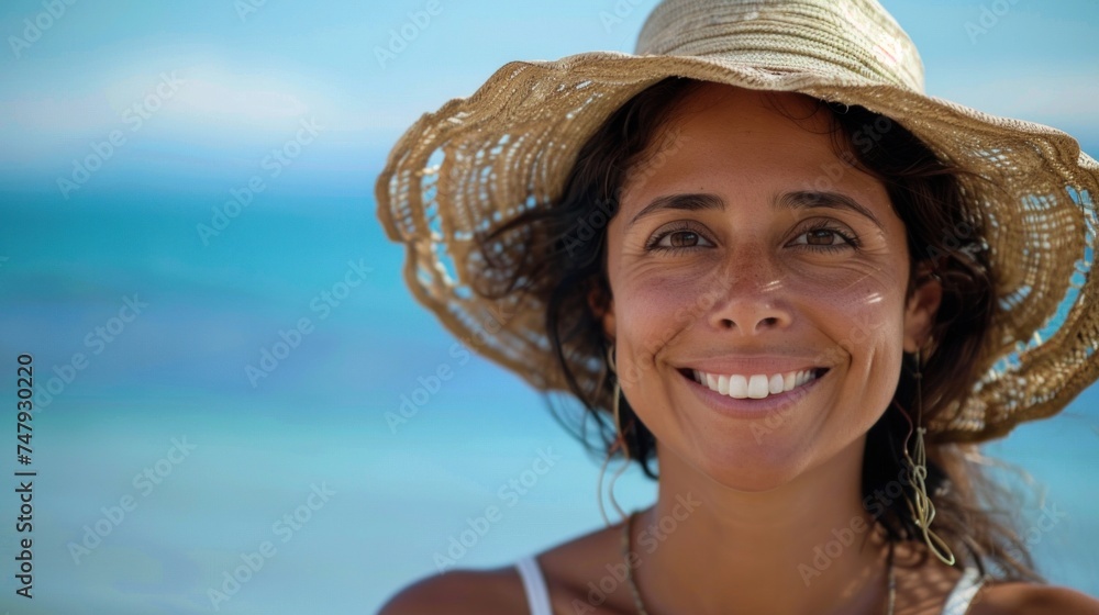 Smiling woman with straw hat and earrings enjoying a sunny day by the ocean.