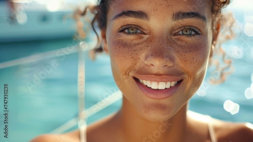 Smiling woman with freckles sunlit skin and sparkling eyes set against a blurred background of water and boat. © iuricazac