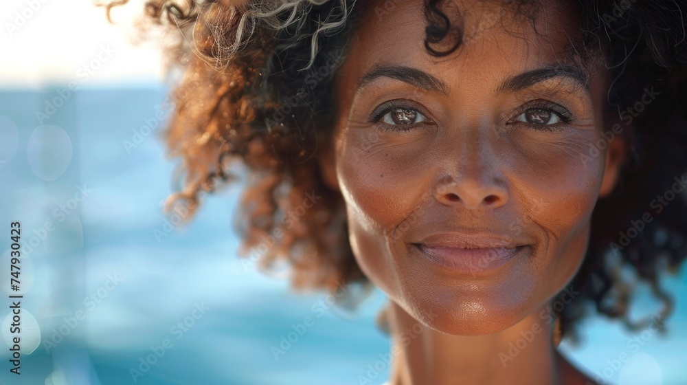 A close-up of a smiling woman with curly hair set against a blurred blue background possibly the sea with sunlight creating a soft glow on her face.