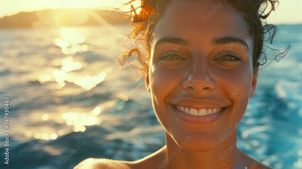 A radiant smile on a woman's face with the sun's reflection shimmering on the water behind her.