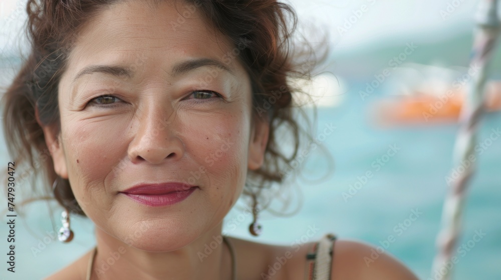 Woman with a radiant smile standing on a boat with the ocean in the background wearing a necklace and earrings. Woman with a radiant smile standing on a boat with the ocean in the background wearing a necklace and earrings.
