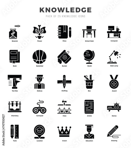 Knowledge Glyph icons collection. Glyph icons pack. Vector illustration