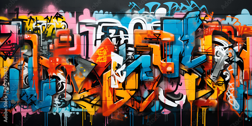 Vibrant colors come alive in this street art mural, expressing the artists creativity through a mix of text and graffiti. Full Frame