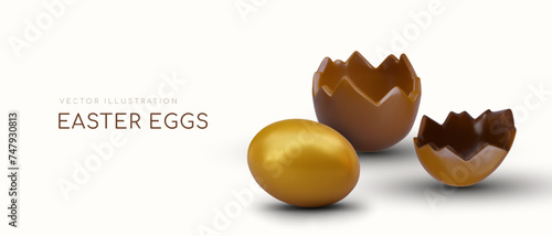 Vector composition with Easter eggs, holiday concept. Empty chocolate egg mockup, golden element