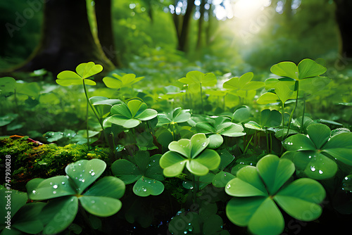 clover in the forest, st patrick day background,  shamrock leaves in forest, generative ai