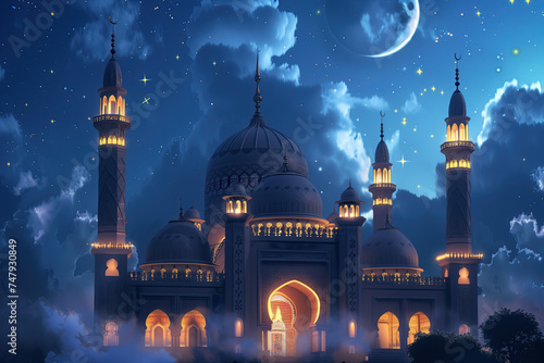 islamic mosque in cloudy night time. ramadan kareem holiday celebration concept