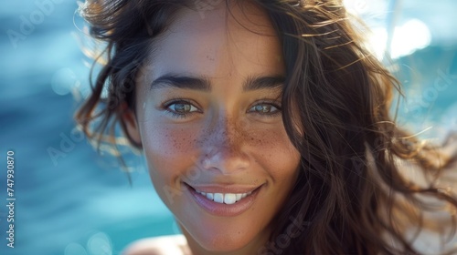 A close-up of a smiling woman with long brown hair freckles and sparkling blue eyes set against a blurred blue background possibly the sea. © iuricazac