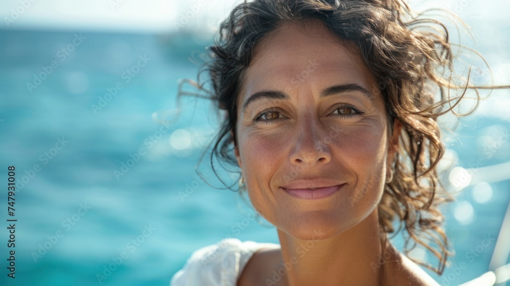 A woman with curly hair smiling at the camera with the ocean in the background. A woman with curly hair smiling at the camera with the ocean in the background.