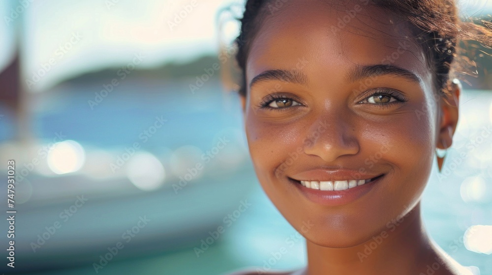 Smiling woman with radiant skin and brown eyes set against a blurred backdrop of a boat and water exuding joy and warmth. Smiling woman with radiant skin and brown eyes set against a blurred backdrop of a boat and water exuding joy and warmth.
