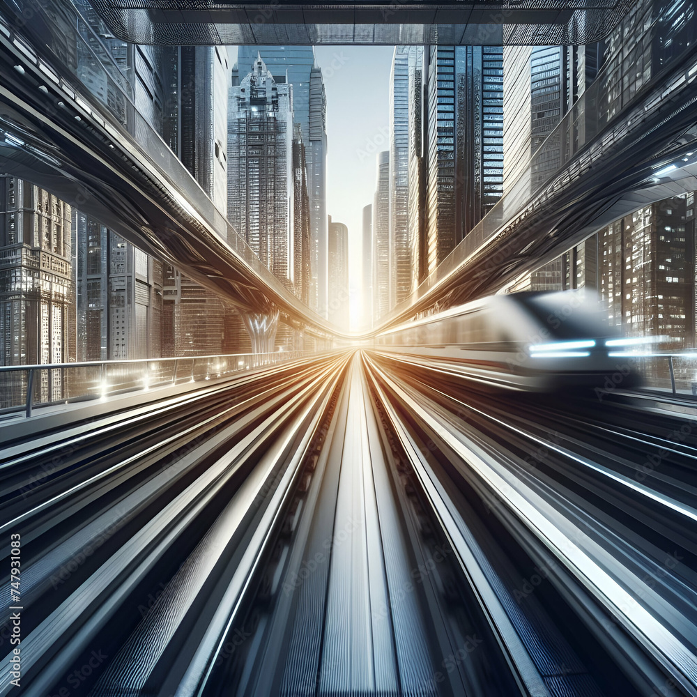 Un train passant à toute allure dans une ville futuriste Un train passant à toute allure dans une ville futuriste