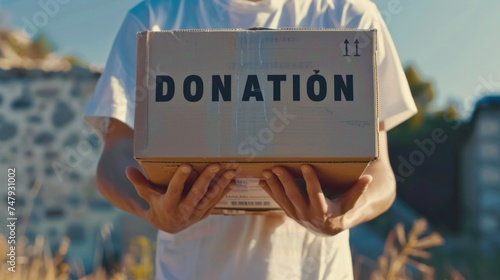 Person holding a donation box with a visible barcode and the word "DONATION" printed on it standing in front of a building with a stone facade under a clear sky. © iuricazac