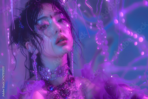 beautiful girl in unusual surreal clothes of purple colors, surreal atmosphere of purple shades