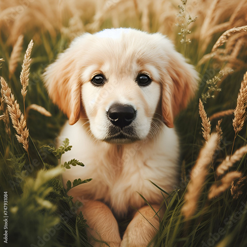 Portrait d'un chiot golden retriever dans un champ