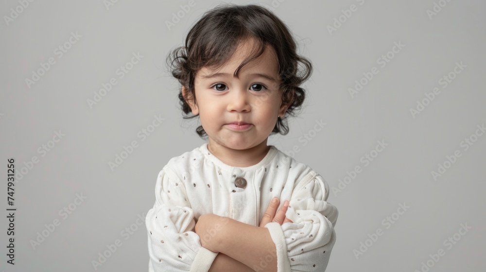 Young child with dark hair wearing a white shirt with polka dots standing against a neutral background looking directly at the camera with a slight frown.